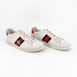 Gucci Bee Embroidered Ace Low Top Sneakers White Leather Size 39 US 9 Women's